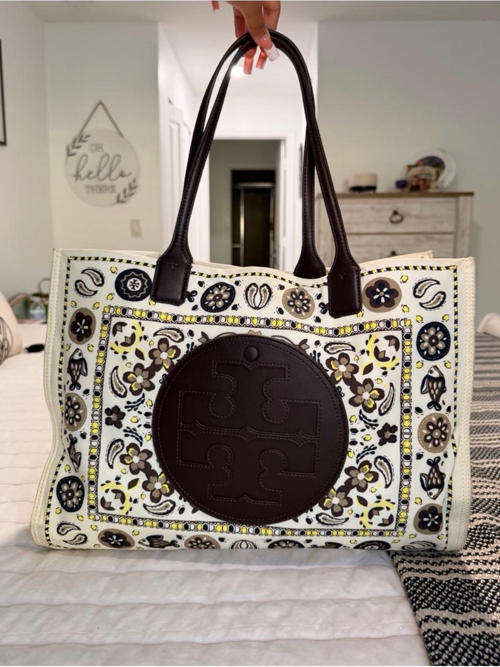 Tory Burch White Floral Paisley Tote with Dark Brown Leather Logo